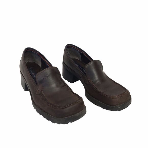 VTG 90s Y2K Tommy Hilfiger Brown Leather Chunky‎ Heel Womens Platform Shoe 8 - Picture 6 of 14